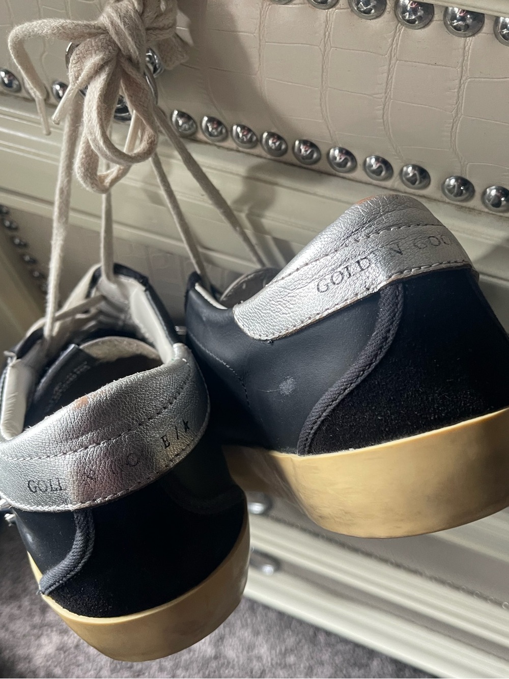Golden Goose Black superstar Sneakers with Silver Heel and Tan Sole